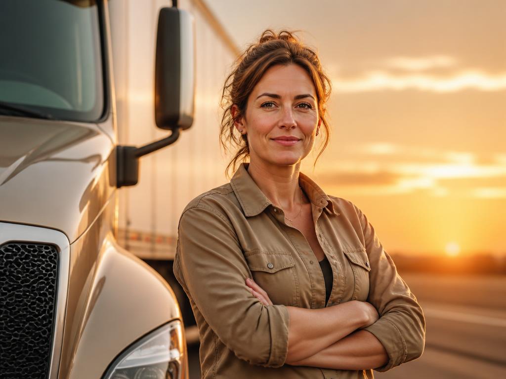 Conductora profesional junto a su camión al atardecer